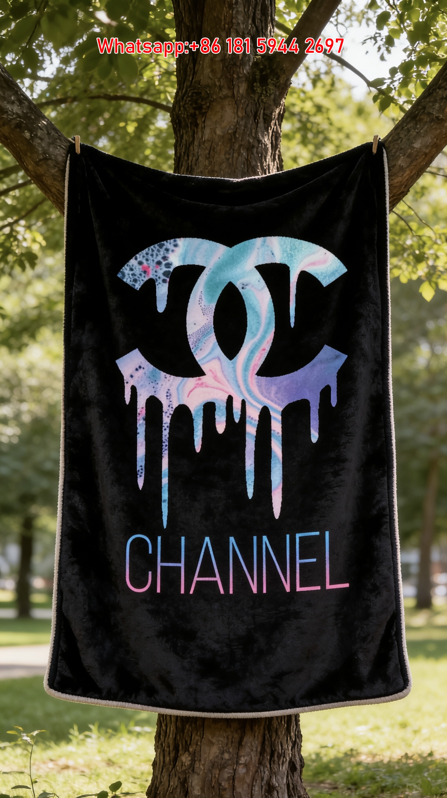 Chanel Blue Pink Marble Drip Flannel Sofa Throw Blanket IMG_6854